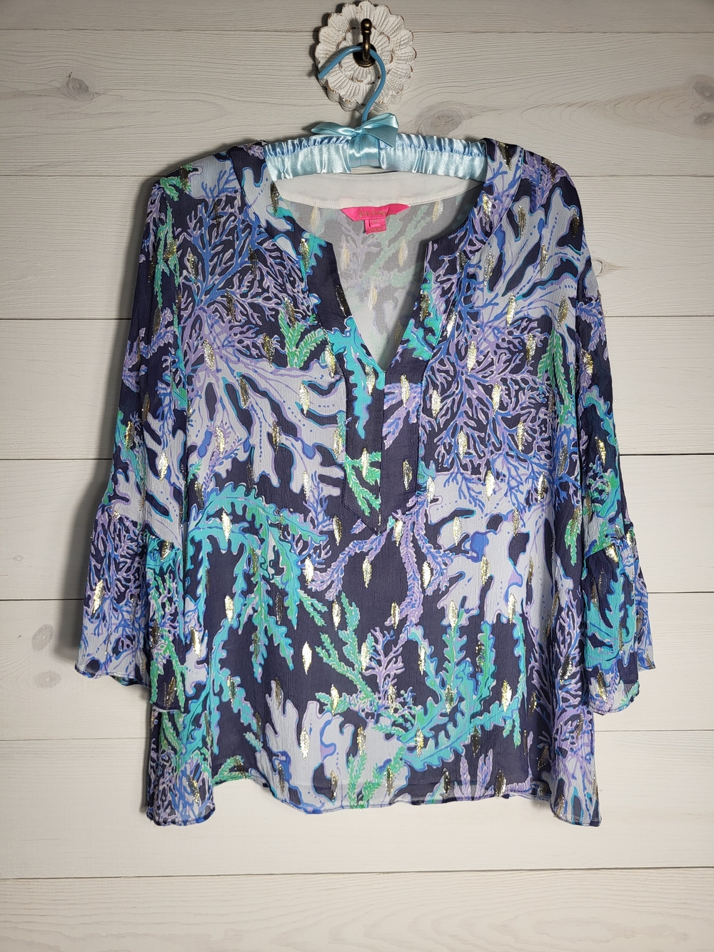 Lilly Pulitzer Top Silk Navy Coral Print Bell Sleeve Blouse Teal  Lavender Gold.